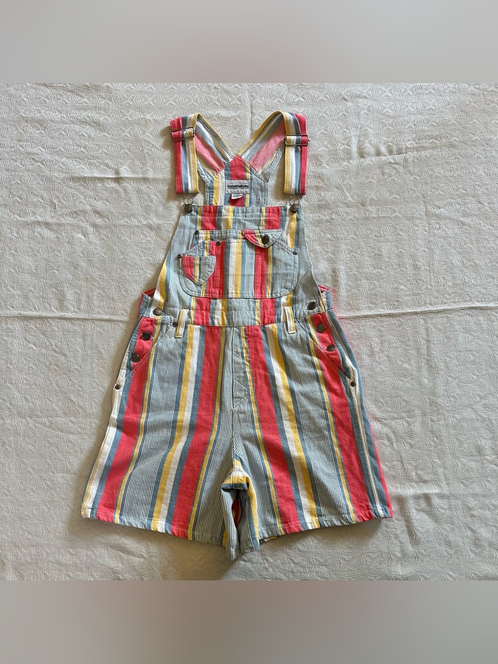 Vintage 90s Goodfellows Clothing Company Overall Shorts Multi Striped 9/10

Good